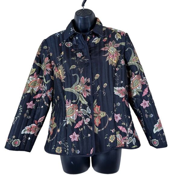 Silkland 100% Black Silk Floral Print Puffer Jacket Women’s Size Petite - Picture 1 of 11
